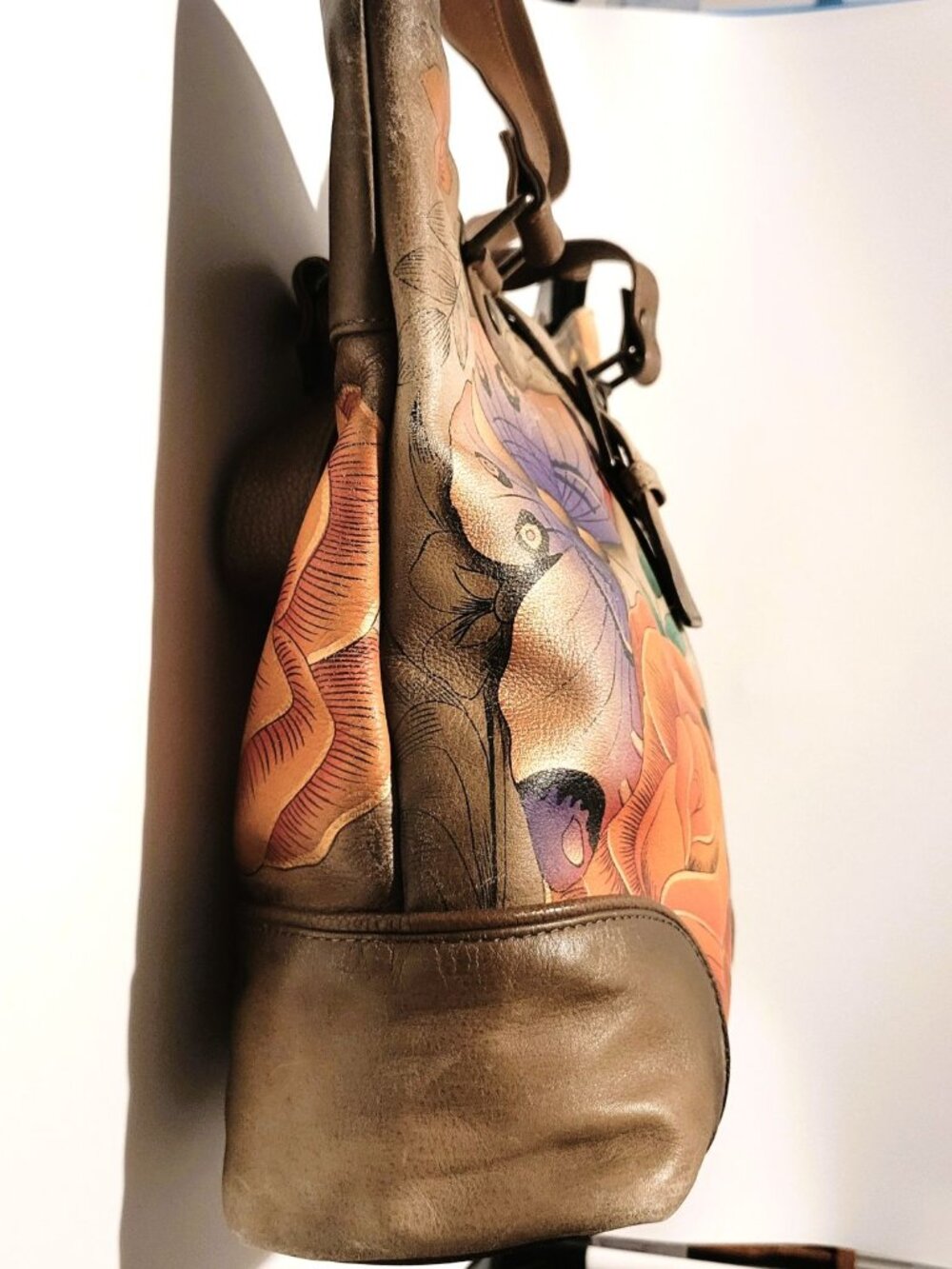 Anuschka Purse Genuine Leather Butterfly Rose Hand Painted 13x12x4 Inch Handbag - Picture 12 of 16